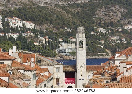 Dubrovnik, Croatia - August 22 2017: View From The Top Of Dubrovnik Town, With Its Clock Tower