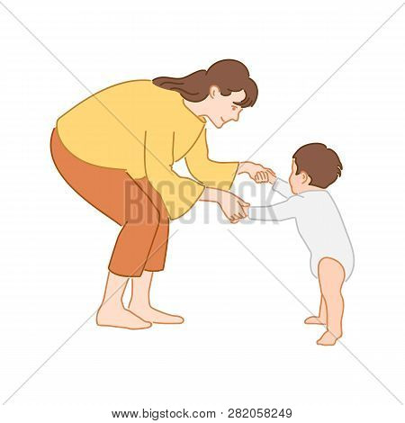 Mom Teaching Her Little Son To Walk Holding Hands. First Baby Steps Concept. Hand Drawn Style Doodle
