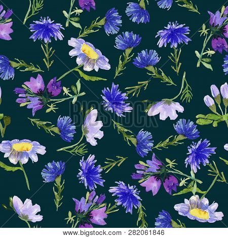 Seamless Pattern With Hand-drawn Wildflowers On Dark Green Background. Watercolor Illustration. Temp