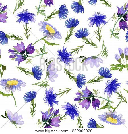 Seamless Pattern With Blue Hand-drawn Wildflowers On White Background. Watercolor Illustration. Temp