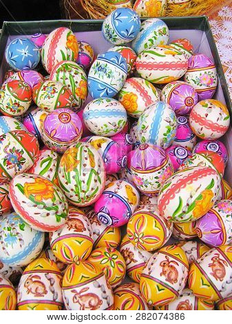 Easter Eggs Composition On Tarel And An Embroidery