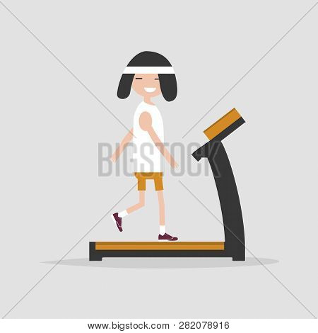 Young Character Doing Exercise With Treadmill.flat Cartoon Design