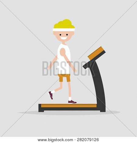 Young Character Doing Exercise With Treadmill.flat Cartoon Design