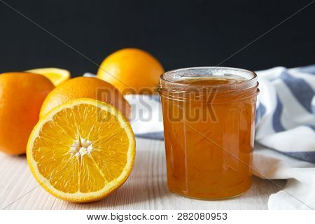 Homemade Orange Marmelade In Glass Jar, Side View.