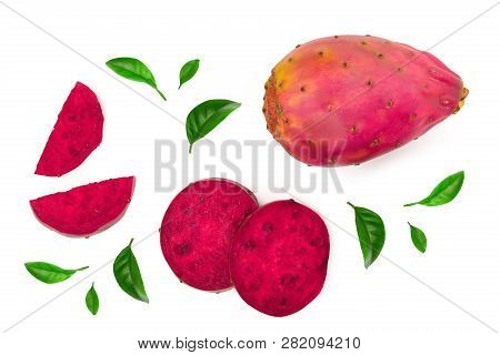 Red Prickly Pear Or Opuntia Isolated On A White Background. Top View. Flat Lay