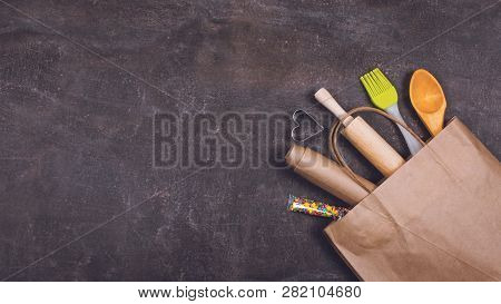 Bakery Tools In Recycled Paper Craft Bag. Cake Baking Set, Bakery Tools, Bakeware Sets. Various Kitc