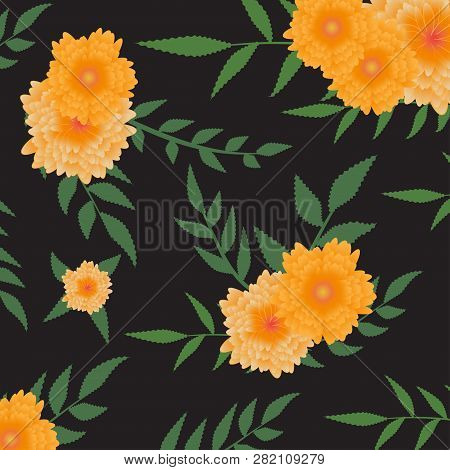 Marigold Yellow On Black Background Pattern. Vector