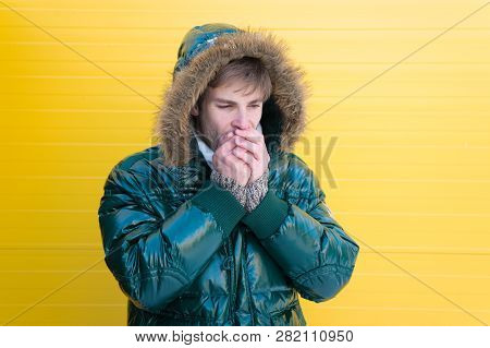 Comfortable Winter Clothing. Winter Stylish Menswear. Man Bearded Hipster Wear Warm Jacket With Fur 