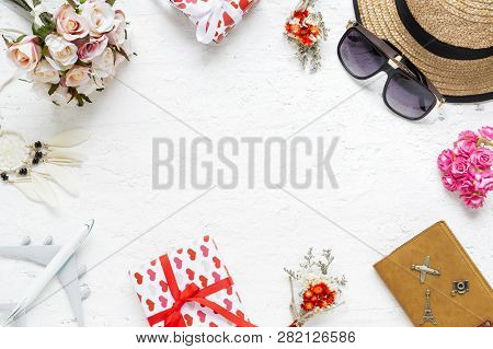 Flat Lay Table Top View  Of Decorations Valentine's Day & Summer Travel Hoilday Background Concept. 