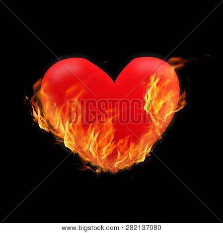 Burning Heart - Illustration On Black Background With Tongues Of Flame. Concept For Design To Valent