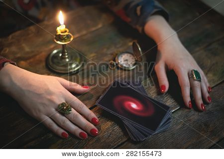 Tarot Cards And A Woman Fortune Teller. Future Reading Concept. Divination.