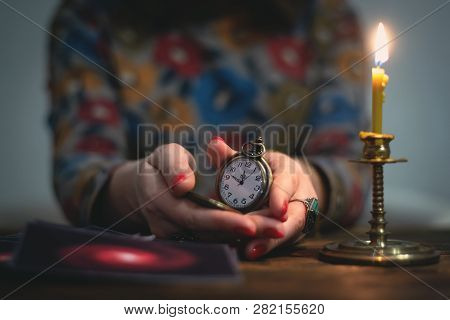 Tarot Cards And A Woman Fortune Teller. Future Reading Concept. Divination.