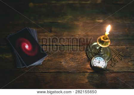 Tarot Cards On The Fortune Teller Table Background With Copy Space. Future Reading Concept.