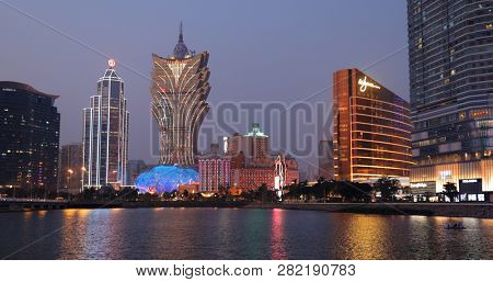 Nam Van Lake Macau- 22 January 2019: Timelapse of Macau city skyline at night