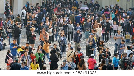 Largo Do Senado, Macau- 22 January 2019: Crowded of Tourist in Ruins of St. Paul's