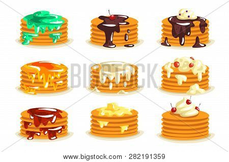 Various Kinds Of Pancakes With Different Ingredients, Traditional Breakfast Food With Berries, Syrup