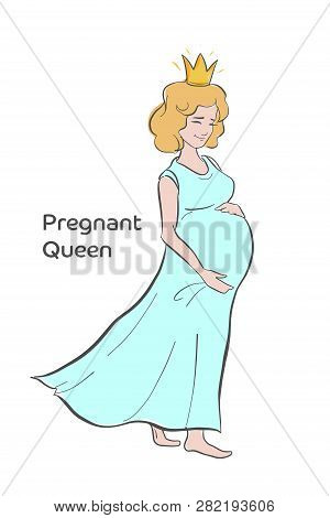Vector Line Art Pregnant Woman Isolated On White Background. Female Waiting For A Child For Babycare