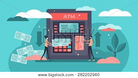 Atm Cash Machine Vector Illustration. Flat Tiny Persons Money Withdrawal Concept. Cash Circulation I
