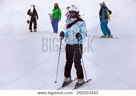 Strbske Pleso, Slovakia  - January 06, 2015: Skier In Strbske Pleso. The Village Is A Favorite Ski, 