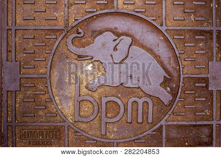 Naples, Italy - October 31, 2015: Iron Manhole With An Image Of An Elephant On The Lid In The Histor