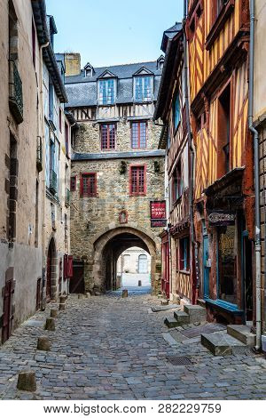 Rennes, France - July 23, 2018: Cobblestoned Street In Historic Centre Of The City. Rennes Is The Ca