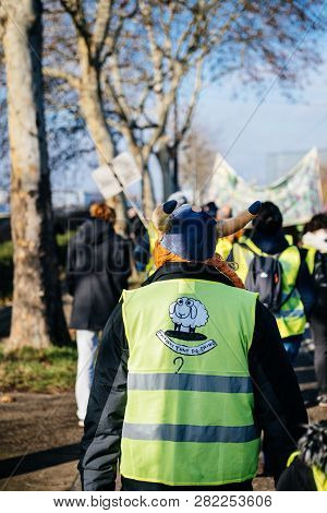 Strasbourg, France - Feb 02, 2018: People Demonstrating Marching With Placards During Protest Of Gil