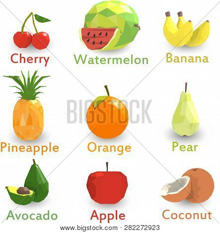 Vector Fruits And Berries Icon Set. Includes Cherry, Watermelon, Banana, Pineapple, Orange, Pear, Av