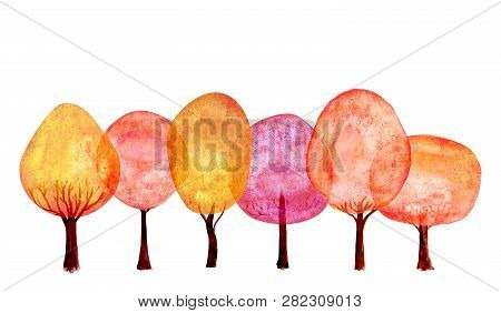 Autumn Orange Red Gold Overlapping Trees Set Background. Watercolor Cartoon Colorful Fresh Tree Coll