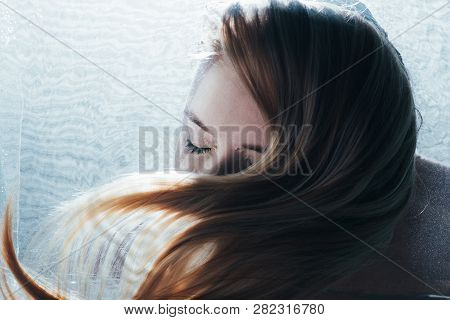 Cropped View Of Beautiful Adult Girl Posing Underwater With Closed Eyes
