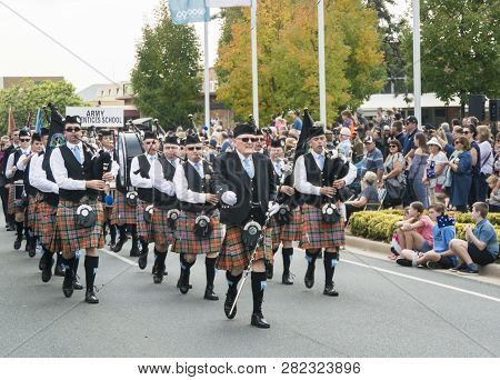 Wodonga, Victoria, Australia, April 2018 - Albury-wodonga Pipes And Drums Marching In The Anzac Para