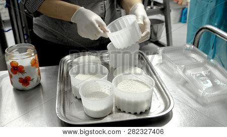 Cheese Heads In Plastic Molds. Female Worker Preparing Cheese At The Small Manufacture. Dairy Indust