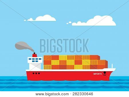A Metaphor On Import And Export Imbalance. A Vector Illustration Of A Fully Loaded Container Ship To