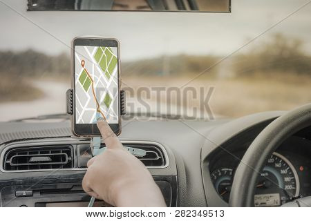 Gps Map Navigation On Smart Phone While Driving A Car