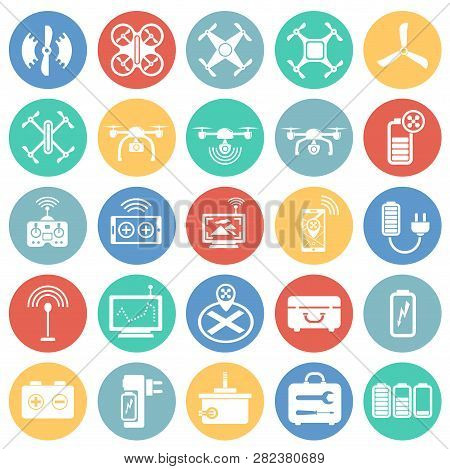 Drone Icons Set On Color Circles Background For Graphic And Web Design, Modern Simple Vector Sign. I