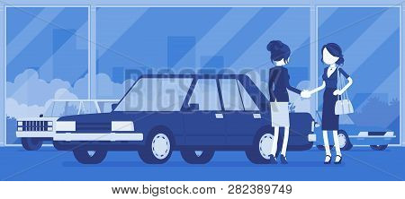 Female Car Dealership Sells A New Red Vehicle To Woman. Woman Buying Auto In Automobile Shop, Making