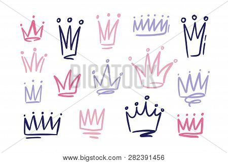 Set Of Drawings Of Doodle Abatract Crowns. Symbols Of Princess Hand Drawn With Pink And Purple Freeh