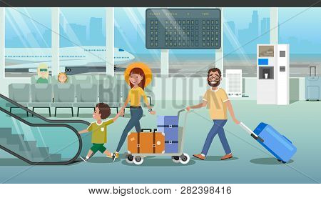 Family Departure Or Arrival In Airport Cartoon Vector Concept With Father Pushing Baggage Trolley Wi