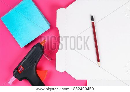 Diy Eight Made Cardboard Decorated Artificial Flower Made Blue Tissue Paper Napkin Pink Background. 