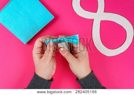 Diy Eight Made Cardboard Decorated Artificial Flower Made Blue Tissue Paper Napkin Pink Background. 