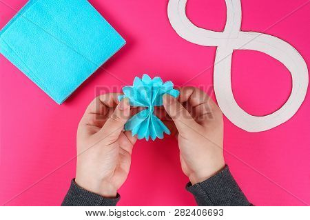 Diy Eight Made Cardboard Decorated Artificial Flower Made Blue Tissue Paper Napkin Pink Background. 