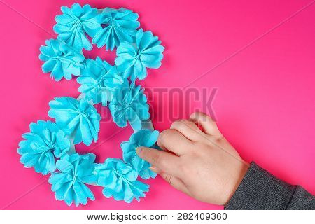 Diy Eight Made Cardboard Decorated Artificial Flower Made Blue Tissue Paper Napkin Pink Background. 