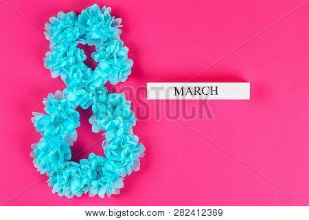 Diy Eight Made Cardboard Decorated Artificial Flower Made Blue Tissue Paper Napkin Pink Background. 