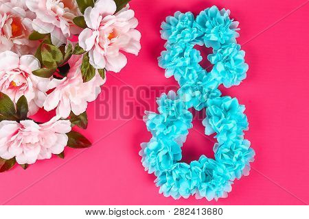 Diy Eight Made Cardboard Decorated Artificial Flower Made Blue Tissue Paper Napkin Pink Background. 
