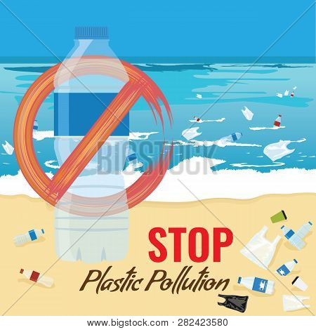 Plastic Bottle Mockup With No Sign. Pollution Of Ocean, Sea Or Beach Concept. Vector Illustration.