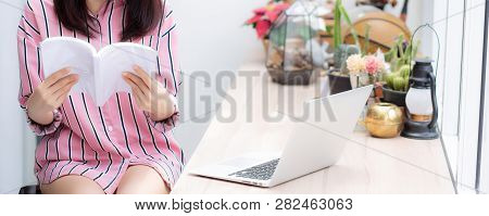 Closeup Asian Woman Relax Sitting Reading Book In Living Room At Home, Girl Study Literature, Educat