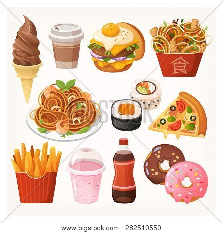 Fresh Delicious Fast Food Takeaway Dishes, Snacks And Desserts For A Quick Lunch Or A Dinner. Junk F