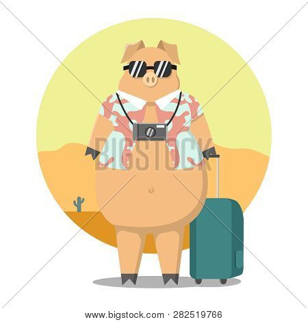Thick Pig. A Pig On Rest. Cartoon Pig. The Pig Travels.