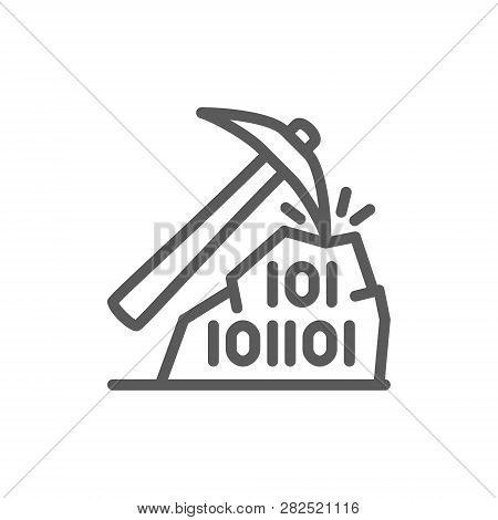 Pickaxe With Binary Stone Code, Blockchain, Cryptocurrency Line Icon.