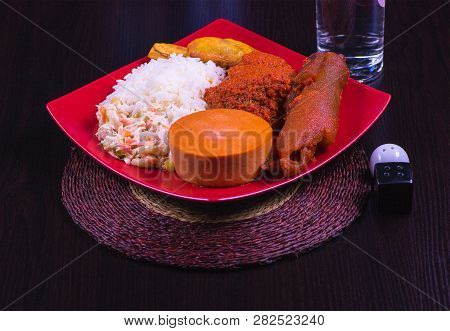 White Rice Served With Assorted Meat, Moi-moi, Dodo And Salad