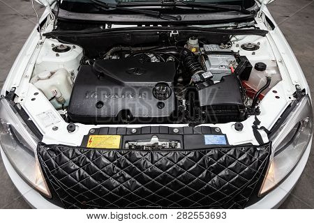 Novosibirsk, Russia -february 05, 2019:  Lada Granta,  Close-up Of The Engine, Front View. Photograp